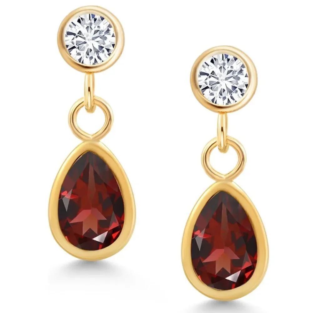 14K Yellow Gold with 0.98 Cttw Garnet and White Diamond Post Back Drop Earrings